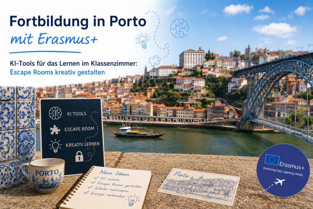 Die Stadtansicht von Porto mit Elementen aus den Workshops - Das Bild ist KI-generiert.