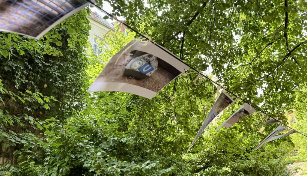 Eine Fotoinstallation weht zwischen Bäumen
